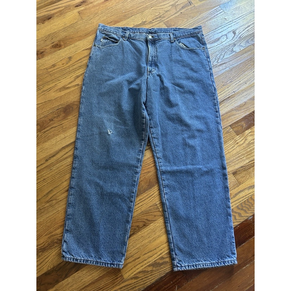 LL‎ Bean Mens Double L Flannel Lined Blue Jeans Size 42x32 Relaxed Fit Plaid